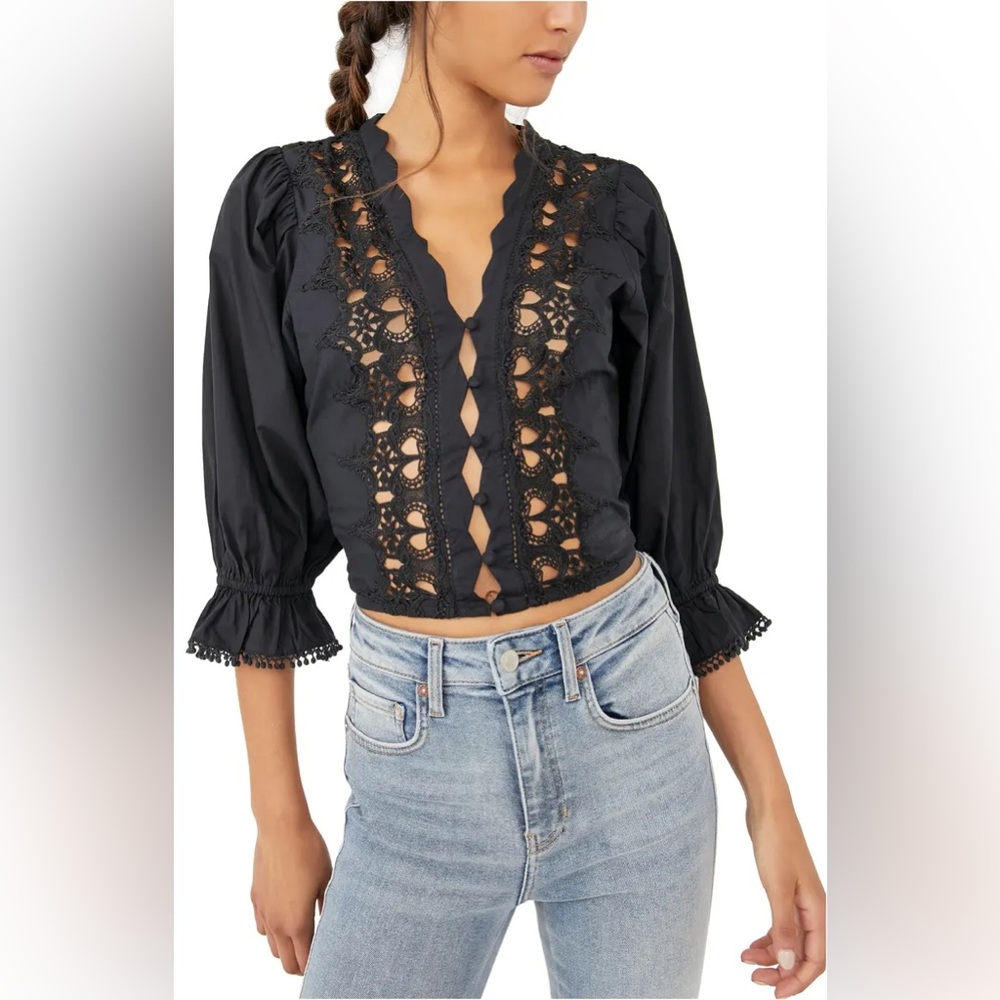 Free people louella embroidered lace blouse top sz small black‎ whimsigoth